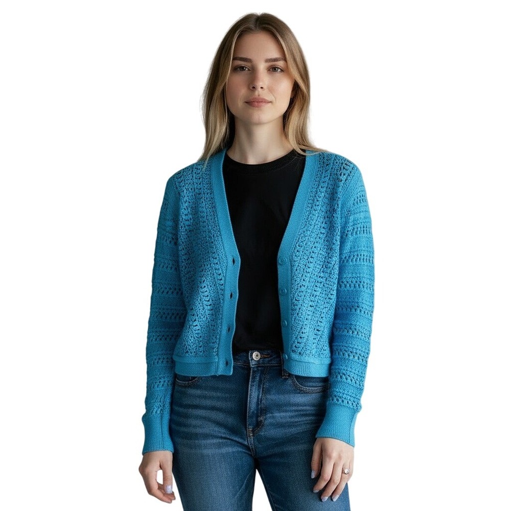 Talbots Petite Cardigan Sweater S‎ Blue Crochet Knit V Neck Button Front